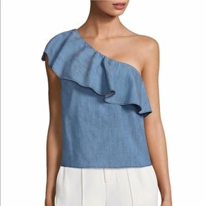 Alice and Olivia Ruffled One Shoulder Chambray‎ Top